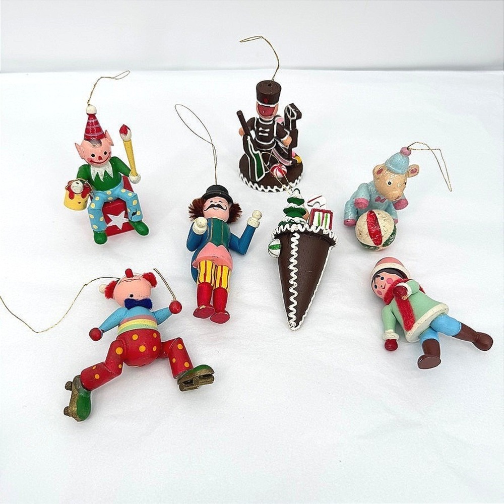 Christmas Ornaments Hand Painted Wood Retro Kitsch‎ Vintage Set of 7